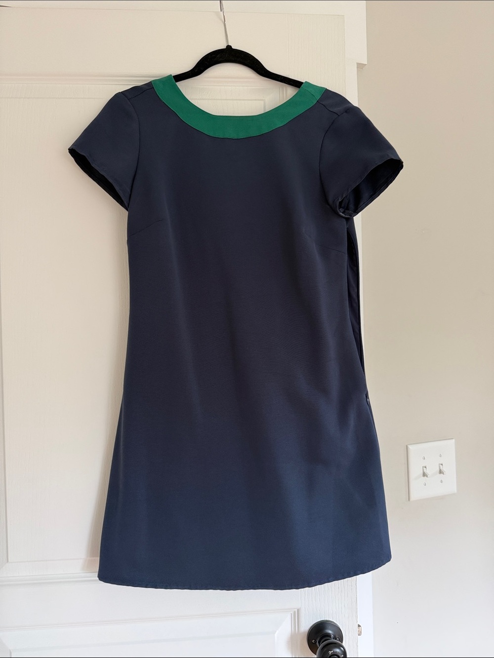 Sail to Sable Navy Shift Dress with Green Neck Trim